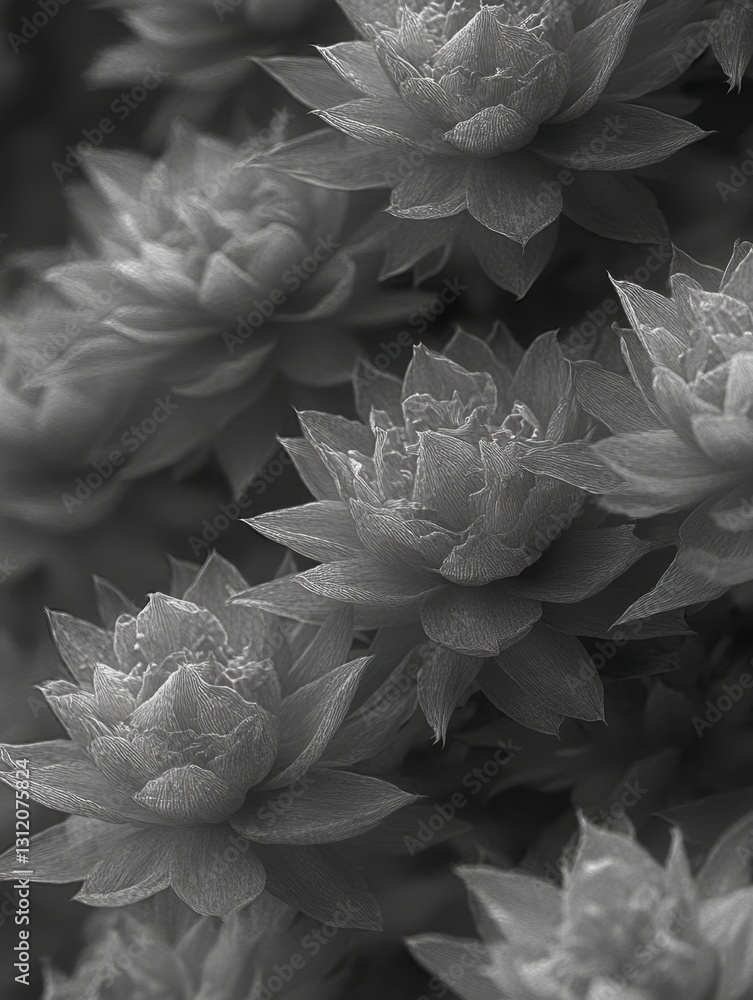 Poster close up view of several grayscale flowers with intricate, detailed petals. the image has a soft foc