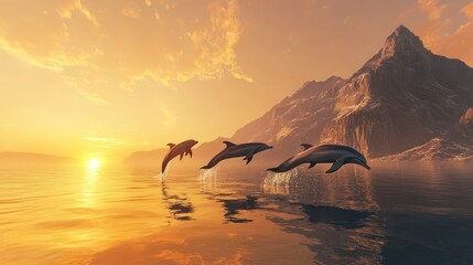 Fototapeta premium Majestic mountain shrouded in smoke under a vibrant orange-yellow sky; the scene exudes an ethereal beauty, with light dancing on the peaks. (199 characters)