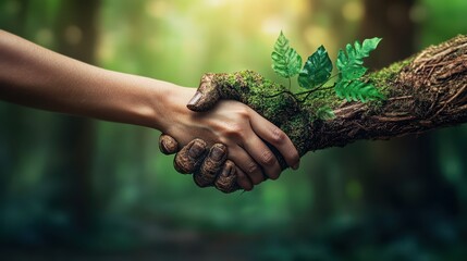 A human hand shakes hands with a symbolic hand of nature, embodying a concept of love and environmental harmony.