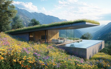 Naklejka premium A cutting-edge glass house with a green roof, surrounded by wildflowers, located in a secluded valley with majestic mountain views
