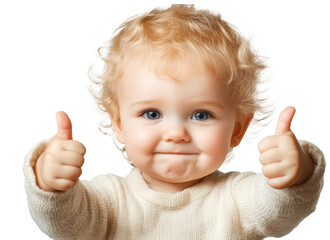 Happy toddler with curly hair giving thumbs up in bright light at home during daytime