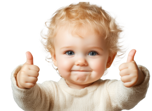 Happy toddler with curly hair giving thumbs up in bright light at home during daytime