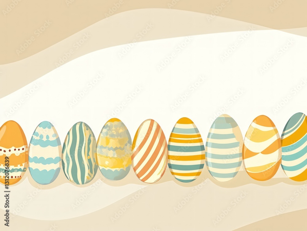 Poster easter egg row with various colors and patterns on a gradient beige background