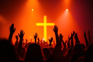 Fototapeta premium Spiritual Gathering: A crowd with raised arms and a glowing cross creates a moment of devotion and community spirit with soft lights and spiritual atmosphere.