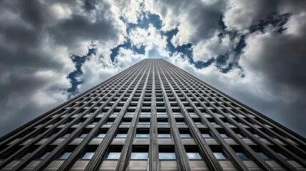 Fototapeta premium Low angle view of a tall, grey skyscraper reaching towards a dramatic sky filled with dark clouds and hints of blue. The building's repetitive geometric facade is emphasized by the perspective.