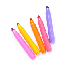 Many colorful markers isolated on white, top view