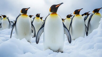 Fototapeta premium A captivating scene of penguins huddled together, heads turned to face left, against pristine snowy terrain — a serene moment frozen in time