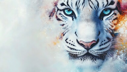 Blue-eyed white tiger portrait, dreamy watercolor style, abstract background