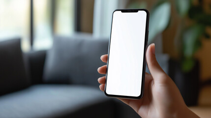 close-up hand using phone showing white screen in living room. Ai Generated images
