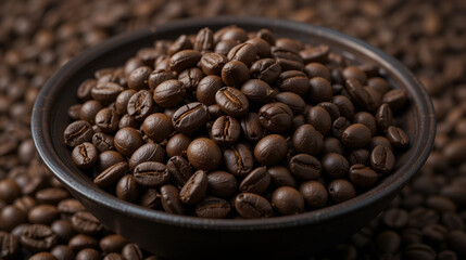 Fototapeta premium Dark bowl filled with roasted coffee beans