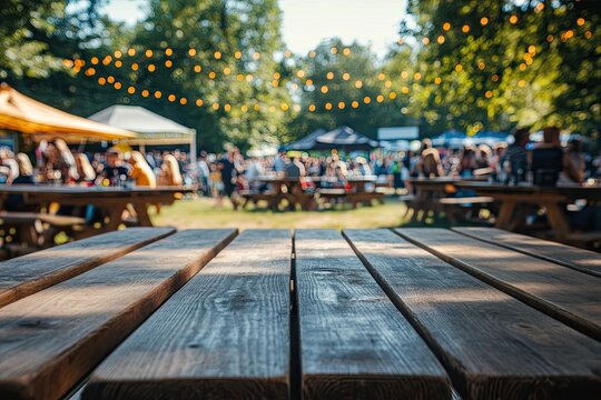 Wooden picnic table at outdoor festival with blurred crowd background