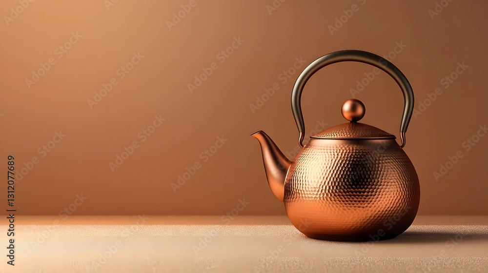 Poster a copper teapot with a handle gradient background on a wooden table reflecting warm tones and intric