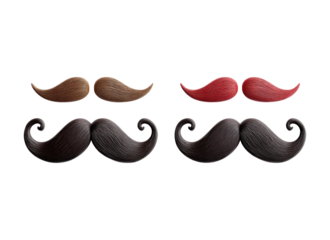 Variety of decorative mustaches in different colors and styles displayed on a plain background for artistic purposes