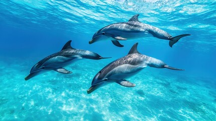 Obraz premium A family of dolphins swimming together, their sleek bodies gliding through the clear blue water in perfect harmony