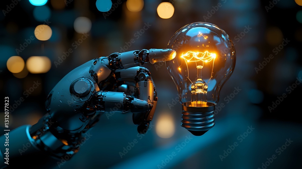 Poster robotic hand touching glowing light bulb against blurred bokeh background, symbolizing artificial in