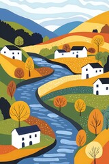 Colorful landscape with river, houses, and trees