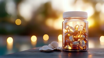 Glowing fairy lights in glass jar against sunset bokeh background, creating magical ambient atmosphere with warm golden illumination and soft focus effect.