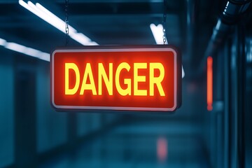 A bright red "DANGER" sign hangs in a dimly lit corridor, emphasizing a warning in a potentially hazardous environment.