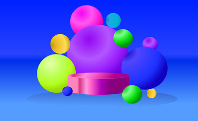 A modern 3D podium with colorful neon balls on a vibrant background. The abstract design showcases products in a realistic and eye catching manner. Perfect for presentations and promotions. Not AI.