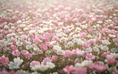 A field of soft pink and white cherry blossoms in full bloom, creating a beautiful and serene spring atmosphere