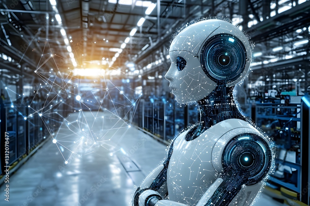 Poster advanced ai robot in smart factory futuristic technology networked automation