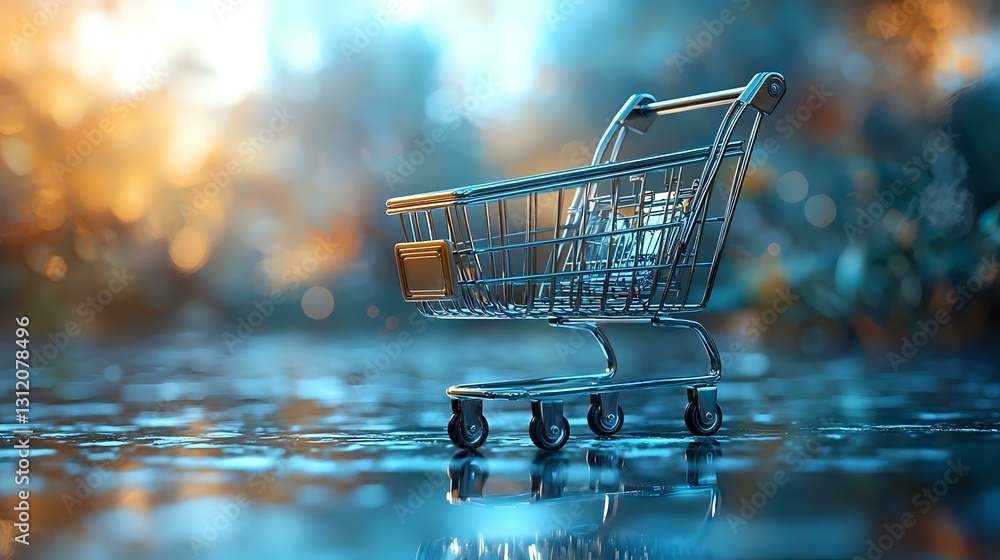 Poster empty shopping cart on wet surface with dramatic blue and orange bokeh lighting effects in backgroun