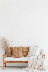 Minimalist seating arrangement with textured pillows, throw, and dried grasses against white wall