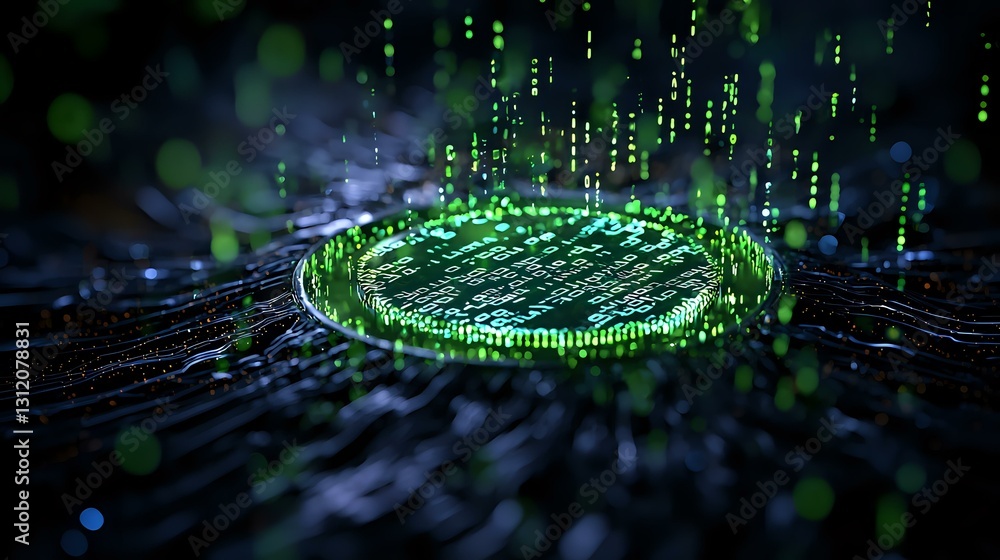Poster glowing green digital circle with matrix-style data streams and particles on dark background creates