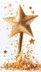 A single gold star with glitter falling around it on a white background