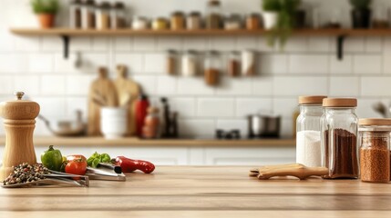 A kitchen table adorned with an assortment of spices and kitchen utensils, set against a blurred modern kitchen background, providing ample copy space for customization.