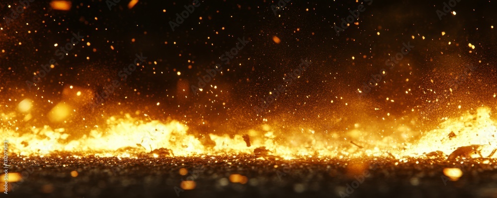 Poster fiery orange and gold embers glow intensely against a dark background, casting sparks and fiery part