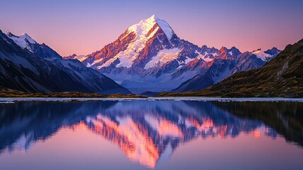 Majestic mountain peak reflected in a serene lake at sunrise.