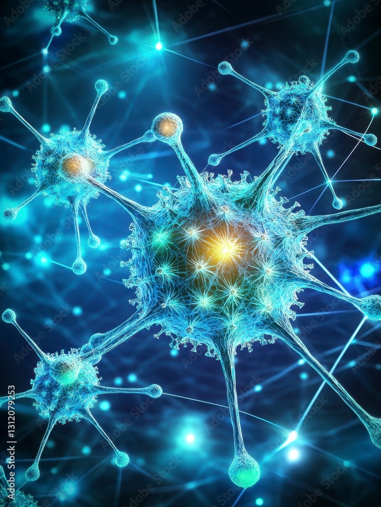 Poster microscopic view of neural network connections, glowing blue and yellow nodes linked by lines agains