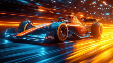 Fototapeta premium High-speed Formula One race car in motion through a vibrant tunnel. Detailed view of the car's sleek design and powerful engine