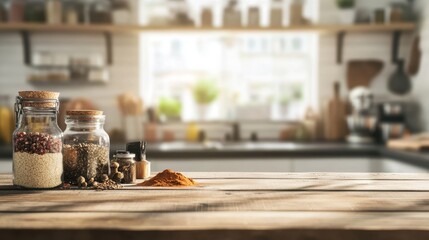 A kitchen table adorned with an assortment of spices and kitchen utensils, set against a blurred modern kitchen background, providing ample copy space for customization.