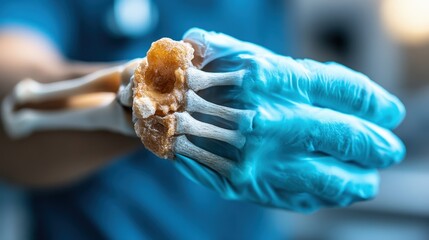 This image presents a detailed skeletal model of a human hand, showcasing the intricate bone structure essential for medical and educational purposes, emphasizing anatomy.