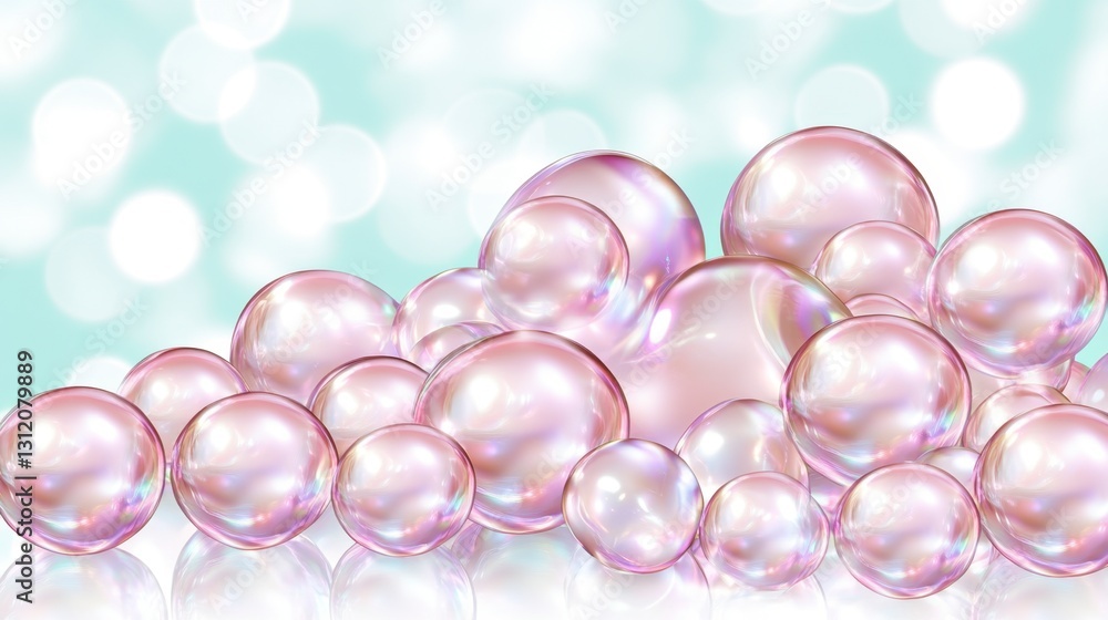 Poster close up view of iridescent pink and white bubbles on a bokeh background. the bubbles are various si