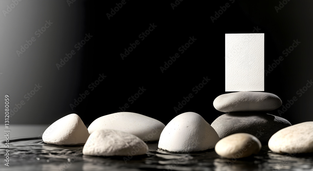 Fototapete creative minimal concept. an embossed blank card on rock stone block stack elevated podium on dark c