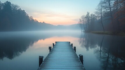 A picturesque dock on a mistcovered lake at sunrise
