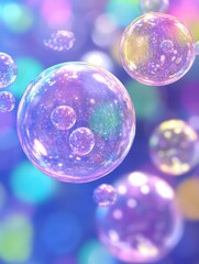 Naklejka premium Floating iridescent soap bubbles against a pastel background. Light and airy, whimsical and dreamy aesthetic. Perfect for backgrounds.