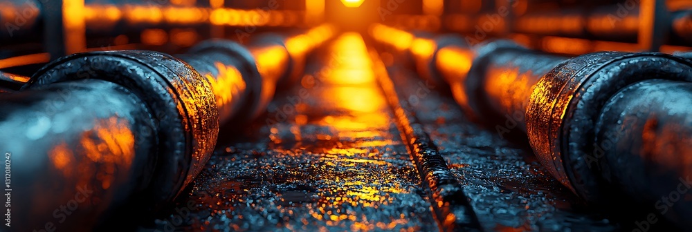 Poster a close-up view of metallic pipes reflecting warm light, creating an industrial atmosphere with a se