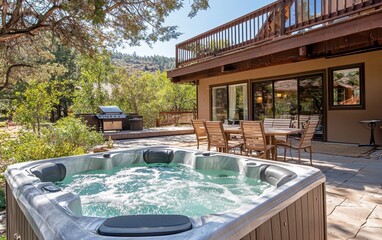 A fully-equipped vacation rental with a private hot tub, barbeque grill, and outdoor dining area, ideal for family vacations