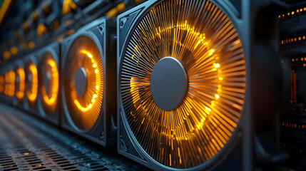 Close Up of Orange Glowing Server Fans in Dark Data Center