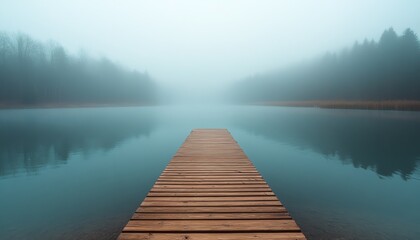 Fototapeta premium A wooden dock extending into a mistcovered lake, early morning fog lifting, soft and dreamy lighting, calm and tranquil nature landscape, breathtaking clarity, Midjourney v6
