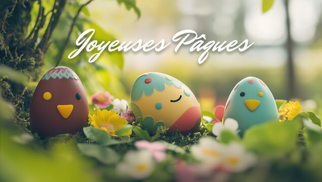 &OElig;ufs de P&acirc;ques d&eacute;cor&eacute;s en forme de poussins color&eacute;s dans un d&eacute;cor printanier avec fleurs et message "Joyeuses P&acirc;ques"