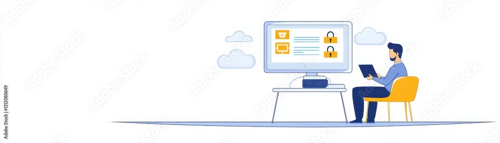 Poster a person sits at a desk, engaging with a computer display while holding a tablet, surrounded by clou