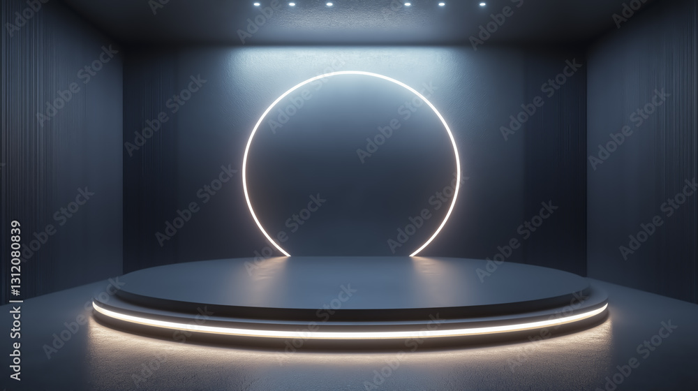 Poster futuristic stage with glowing circular light and empty background, creating sleek and modern atmosph
