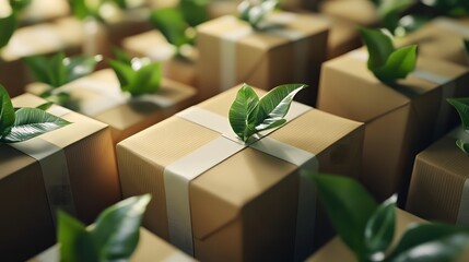 Eco-friendly shipping packages with eco-labels symb a1f1c3c1-6e76-41b5-9acf-5d30029614e4 1 surrounded by greenery and sustainable materials promoting environmental consciousness