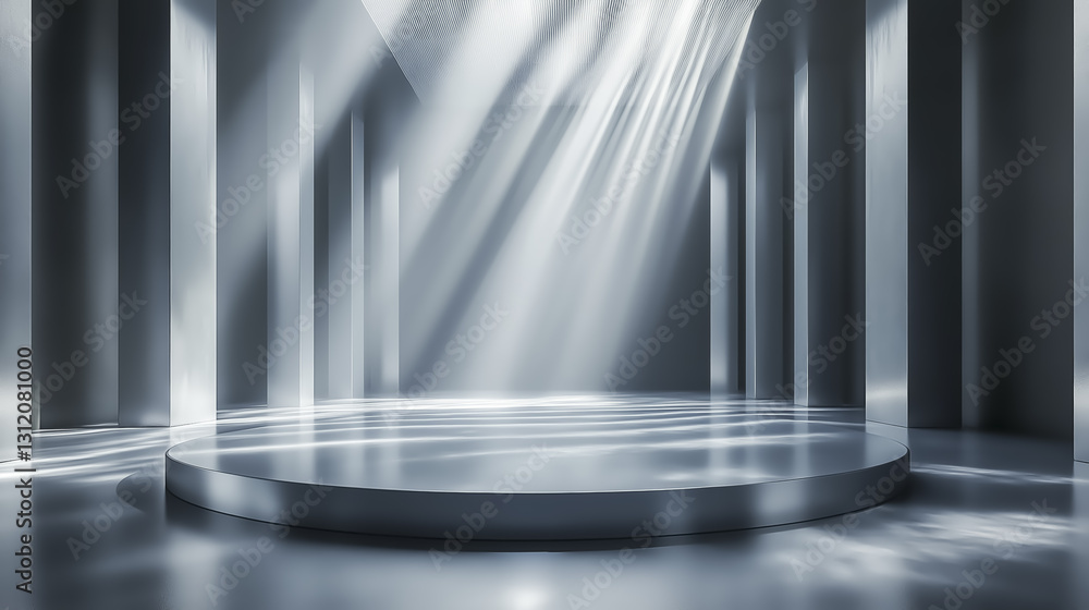 Poster sleek, futuristic silver stage with beams of light creating ethereal atmosphere. empty backdrop and 