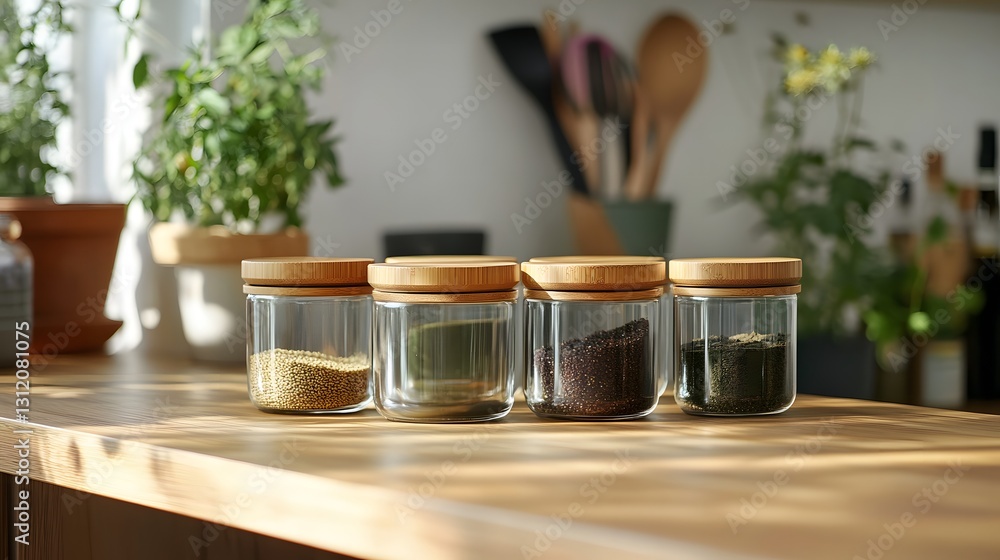 Poster glass jars with bamboo lids neatly arranged o4 on a rustic wooden table filled with colorful spices 